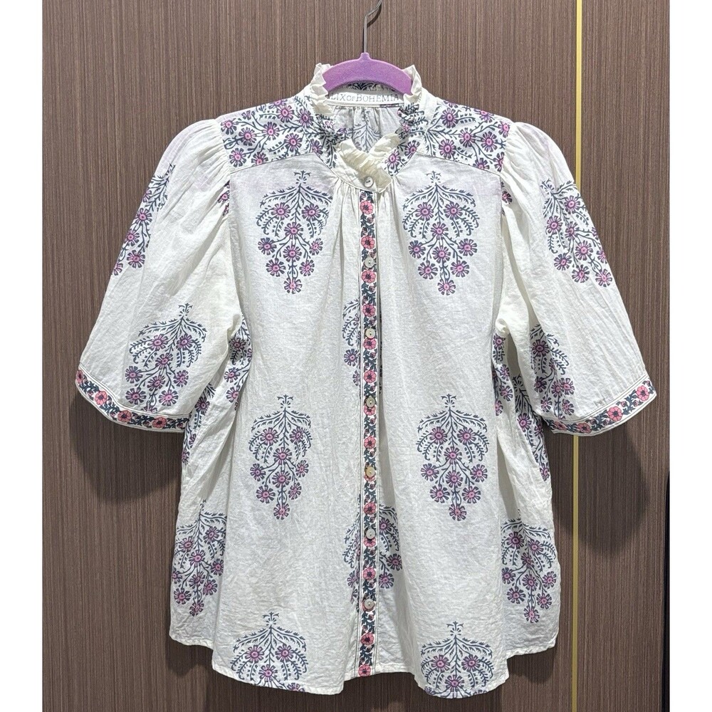 Alix of Bohemia Top White Floral Block Print Cotton Ruffle Blouse Medium